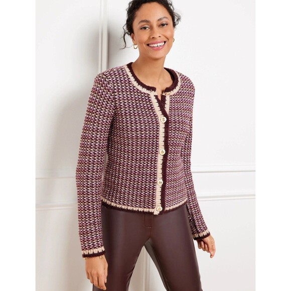 TALBOTS Tweed Crewneck Cardigan Wool-Blend Buttons Womens LP Burgundy Old Money - Picture 1 of 7